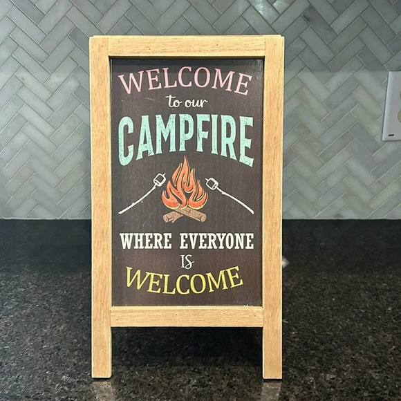 Welcome to our campfire where everyone is welcome wooden sign tan table - Picture 1 of 5